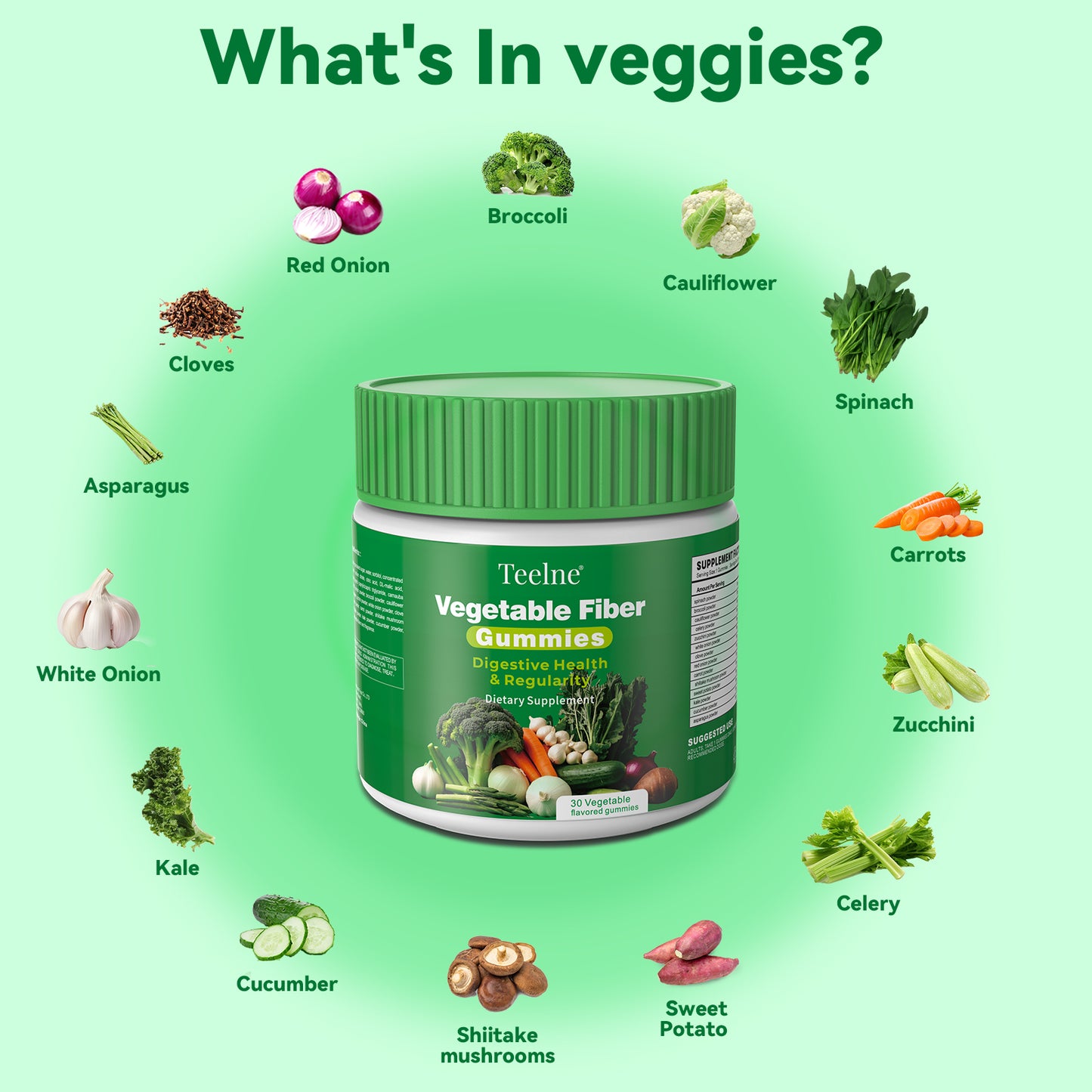 Teelne 14 in 1 Veggies Fiber Gummies Dietary Supplement for Digestive Health & Regulari with Natural Greens Vegetable Vitamins to Boost Immunity, Skin & Gut Health, Vegan, Gelatin Free
