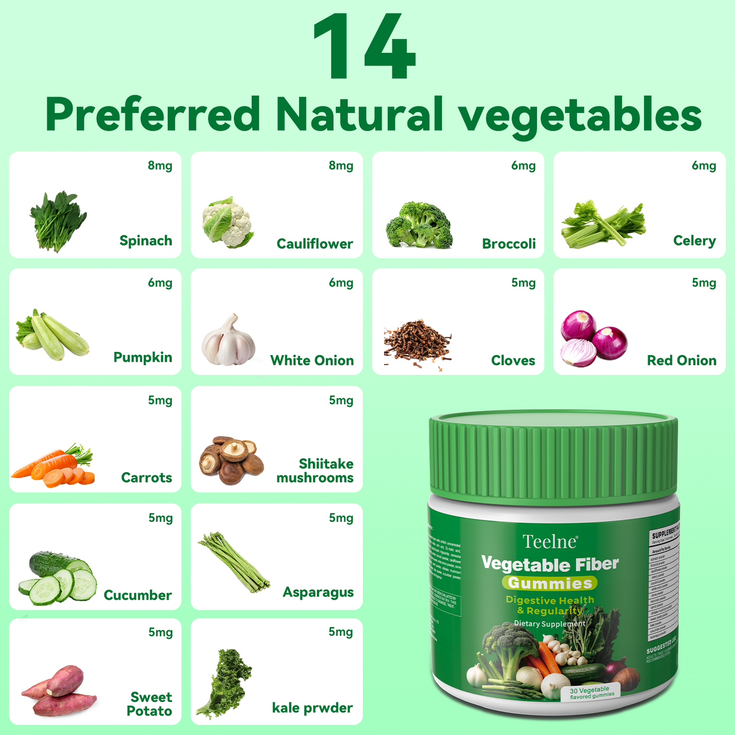Teelne 14 in 1 Veggies Fiber Gummies Dietary Supplement for Digestive Health & Regulari with Natural Greens Vegetable Vitamins to Boost Immunity, Skin & Gut Health, Vegan, Gelatin Free